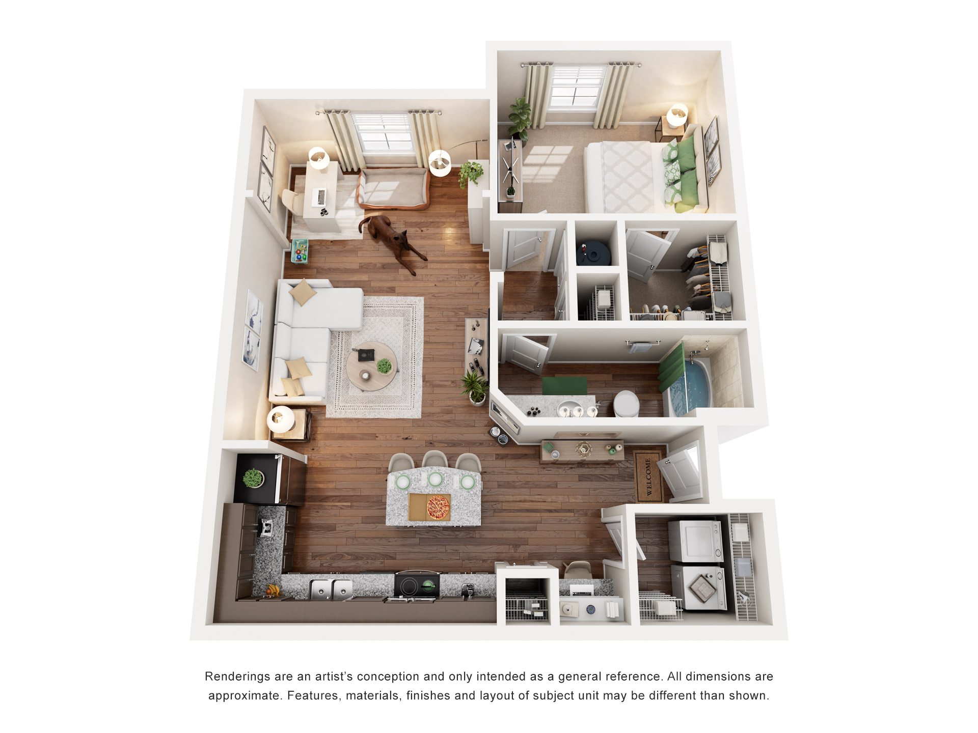 Floor plan for 1 bed, 1 bath, 852 sqft